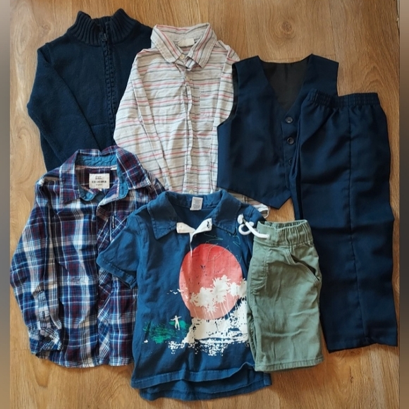 4T Toddler Boy BUNDLE Navy Knit Sweater, Button Down Shirts, Vest Suit, Short - Picture 1 of 16